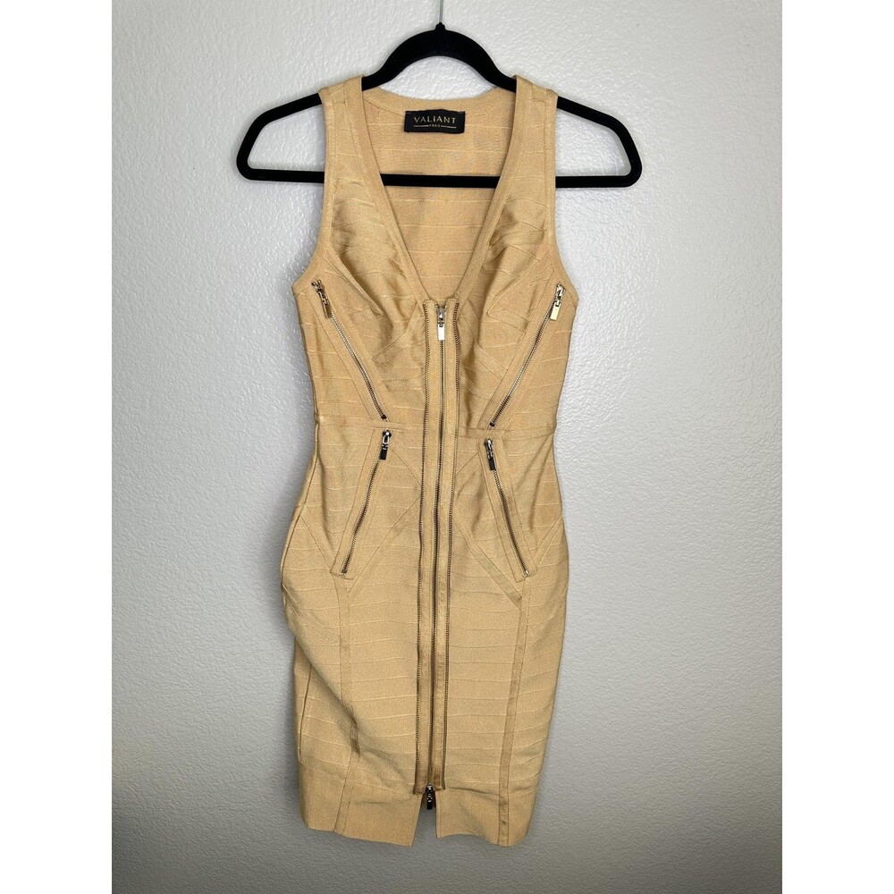 Valiant Paris Dress Womens S Beige Bandage Bodycon Zip Front Sleeveless Spicy